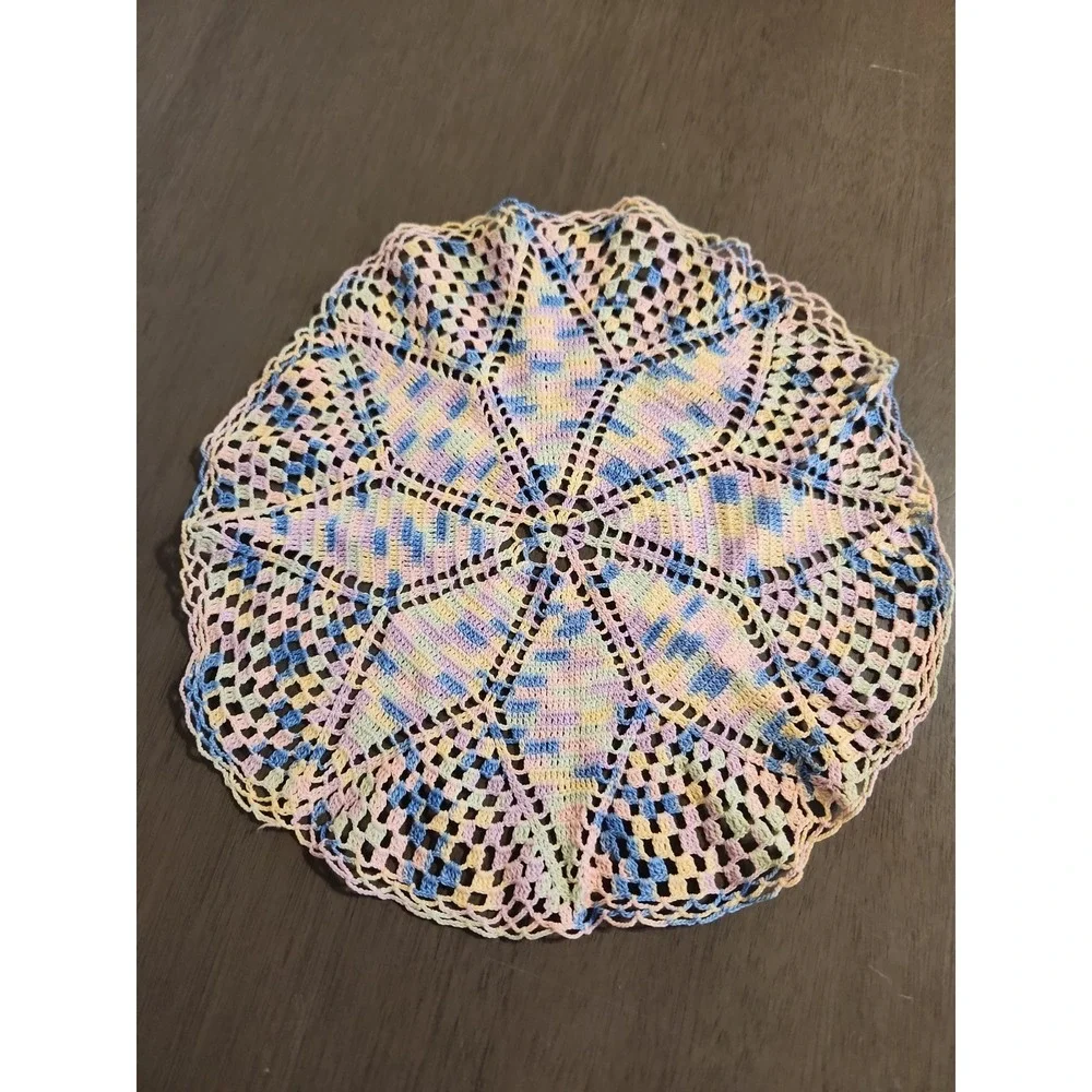 Vintage Pastel Variegated Crochet Doilies Set 2 Colorful Maximalist Decor Flaw*